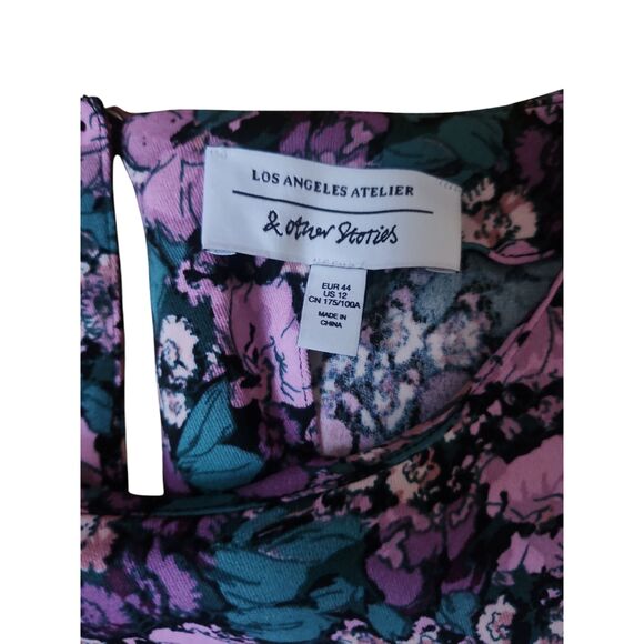 & Other Stories Belted Cottage Floral Ruffle Mini Dress Women's Size 12 Purple - Picture 5 of 8